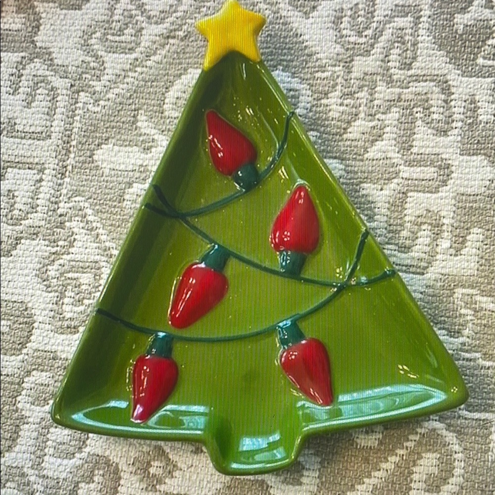 Hallmark Green Christmas Tree Dish with Red Lights